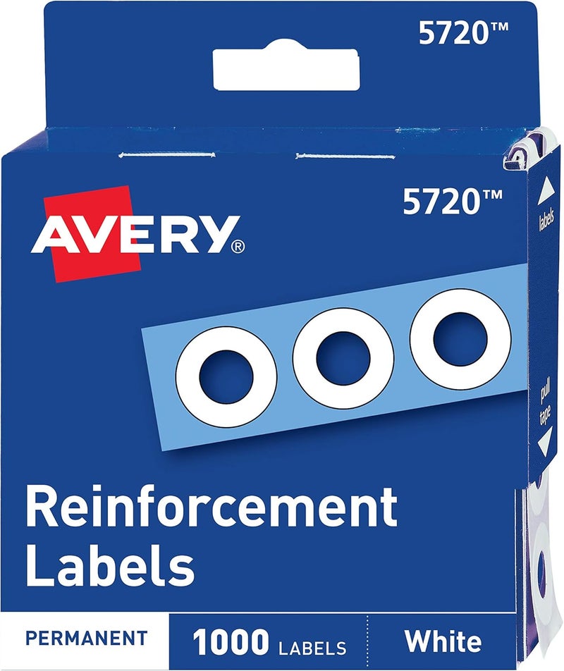 AVERY Self-Adhesive Polyvinyl Standard Diameter Hole Reinforcements, White, 1,000 per Pack (5720) - Image 1